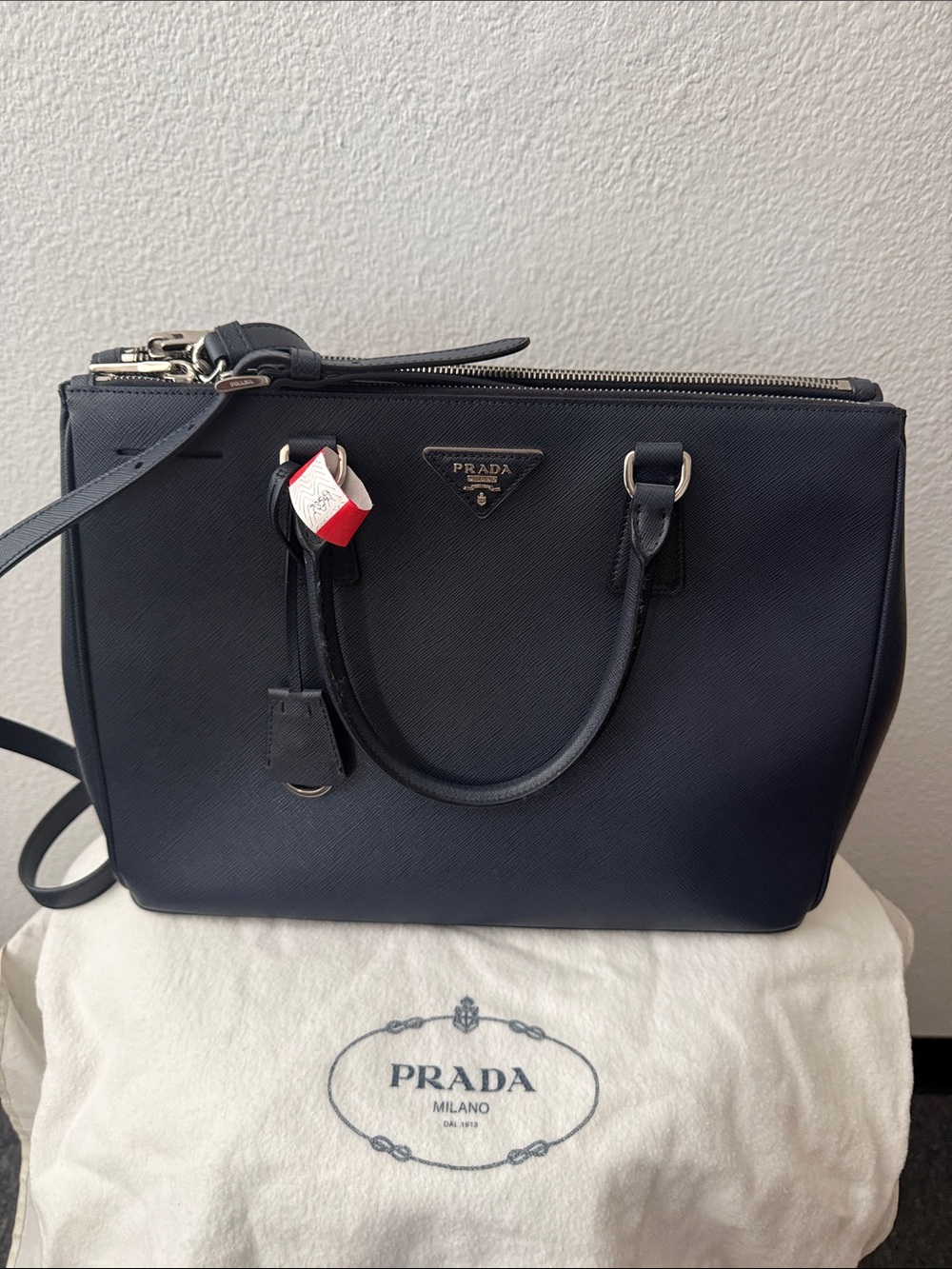 AUTH. PRADA Lux Leather Double Handle Bag-Navy Blue 1BA274 BALTICP